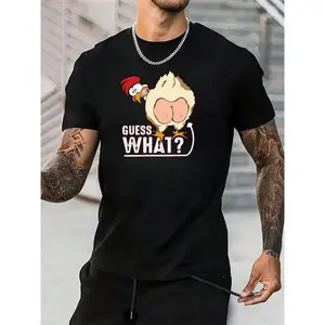 [100% Cotton] T - Shirt With Cartoon Chicken And "GUESS WHAT?" Text T-Shirt For Men And Women graphic t-shirts