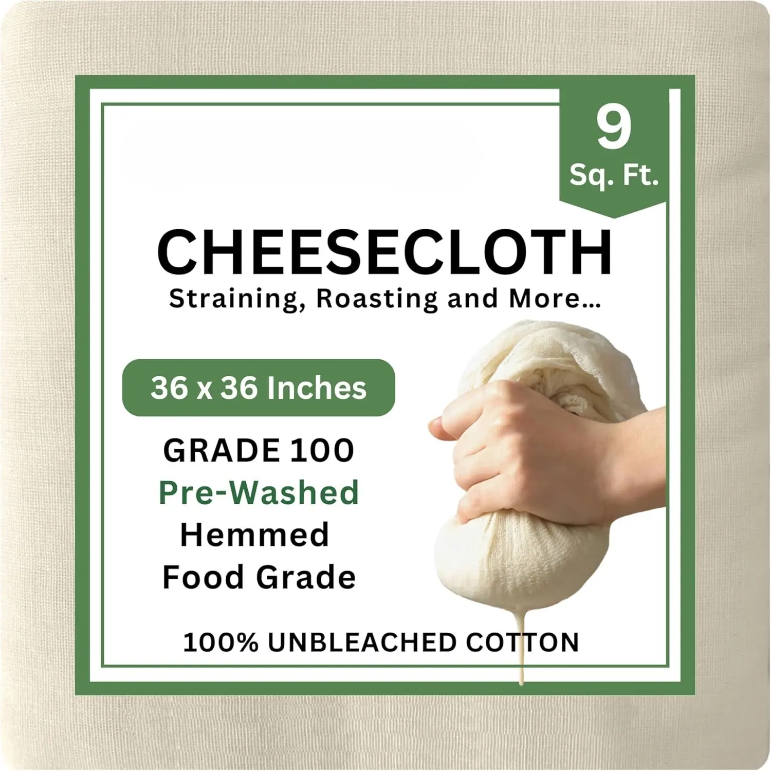 100% Unbleached Cotton Cheesecloth - Farm Grade 100 XL, 36x36 in, Finished Edges, Reusable Natural Fabric for Straining, Food Preparation, Craft Projects, Simple Cleaning & Butter Muslin Tasks, Reusable Fabric Cleaning Cloths
