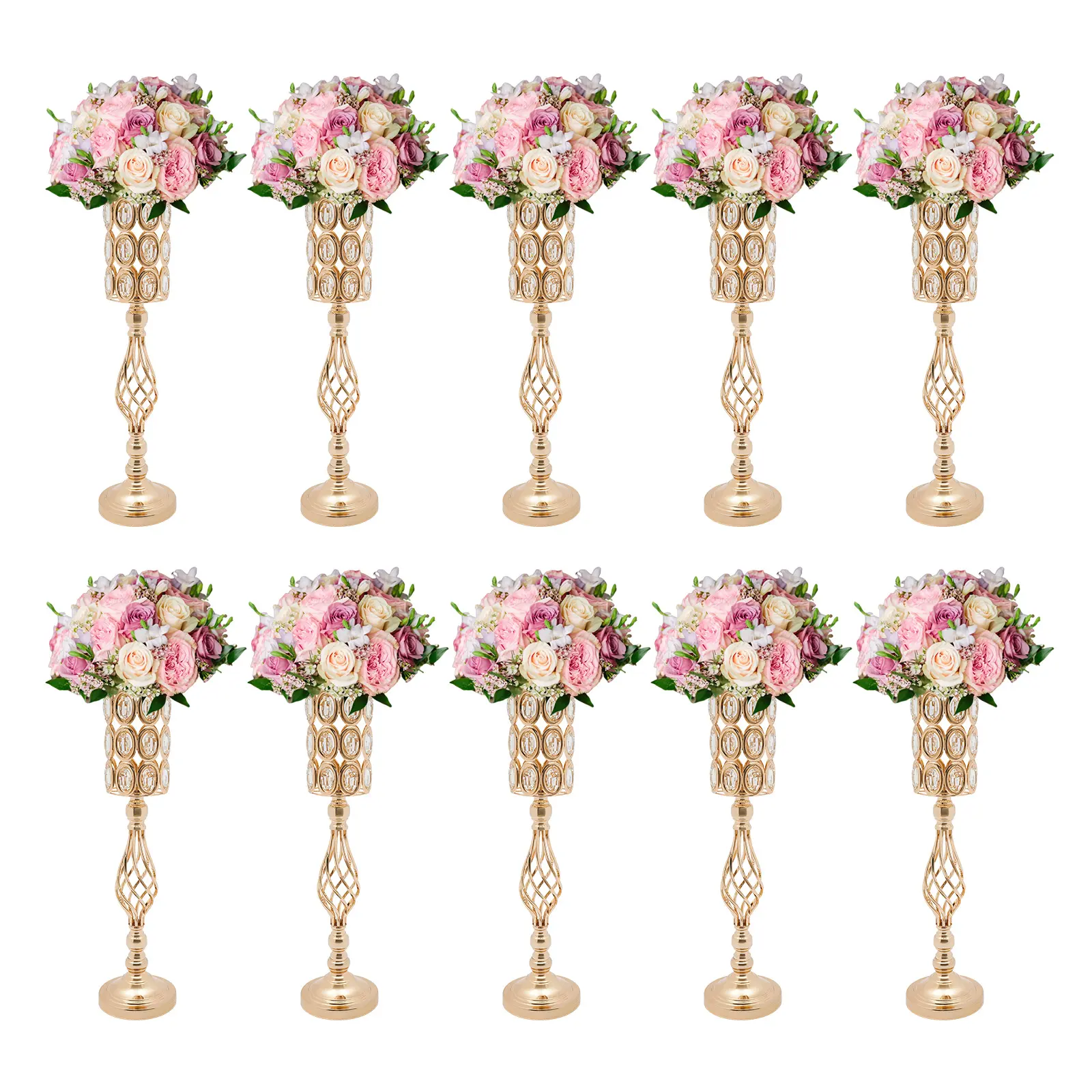 10Pcs 61cm Gold Hollow Iron Crystal Flower Vases - Kitchenware Home Supplies Decoration, Elegant Tabletop Desk Accent Ornaments for Wedding, Christmas Holiday Events