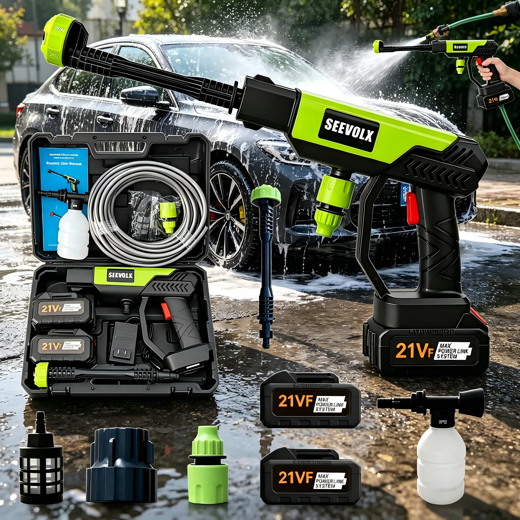 SEEVOLX 21V Lithium-Ion Cordless Pressure Washer - Portable Rechargeable 21V Power Washer with Accessories for Car Wash, Outdoor Cleaning, Home Maintenance Tasks