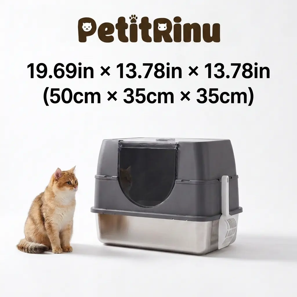 Stainless Steel Covered Litter Box Enclosure with Lid for Small & Medium Indoor Cats Up to 25lbs - 180° Flip-Top, Odor-Free, Non-Stick, Easy-to-Clean, Anti-Splash High Sides, Includes Litter Scoop, Litter Box With Lid