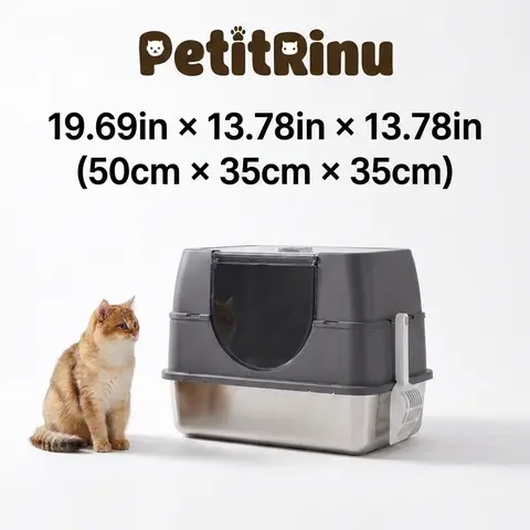 Antibacterial Stainless Steel Litter Box Enclosure - Covered, Easy-to-Clean, 180° Flip Access, Odor Control, Non-Stick, Anti-Splash High Sides, Less Track, Includes Scoop for Daily Cleaning, Fits Small & Medium Indoor Cats Up to 15lbs