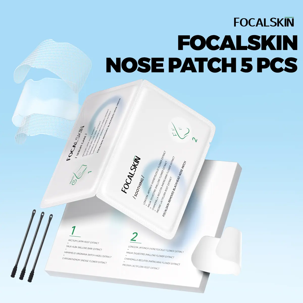 Focalskin Deep Cleansing Nose Patch Nasal Treatment - Activated Charcoal, Phenoxyethanol, 10 ml, Unisex Fast Clean Strips for Blackhead Removal, Hydration, Pore Smoothing, Water-Infused Self Treat, Pack of 5