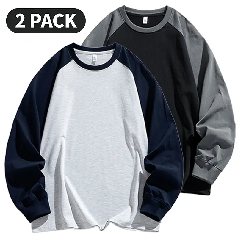2-Pack Men’s Loose Fit Drop-Shoulder Colorblock Long Sleeve T-Shirt, Vintage Style, Casual and Versatile