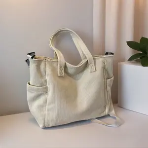 Casual Multi Pocket Handbag with Adjustable Strap Crossbody Sling Bag Zipper Shoulder Bag Solid Corduroy Tote Minimalist Style