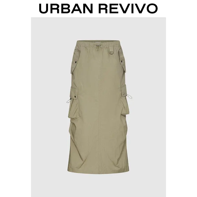 URBAN REVIVO Women's Utility-Style Patch Pocket Drawstring Skirt (UYV550045) - 2025 Trendy Elegance Women's Clothes, Comfortable Versatile Basic Plain Everyday Bottom for Casual Outfits
