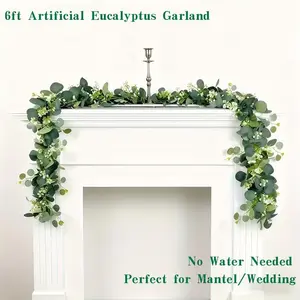4 Pcs 6ft Artificial Eucalyptus Garland, Faux Eucalyptus Greenery with White Flowers, Fake Willow Vines for Wedding Arch Mantel Table Home Party Decor