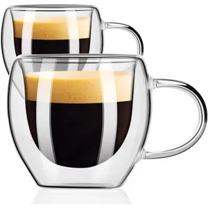 Espresso Cups Set of 2, Double Walled Espresso Shot Glass with Handle, 2.7 OZ High Borosilicate Expresso Shots Cup, Espresso Accessories