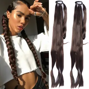 2 Pack Long DIY Braided Ponytail Extension with Hair Tie Straight Wrap Around Elastic Band Hair Extensions Pony Tail Synthetic Hairpiece for Women Girl Daily Wear Nut Brown 32 INCH