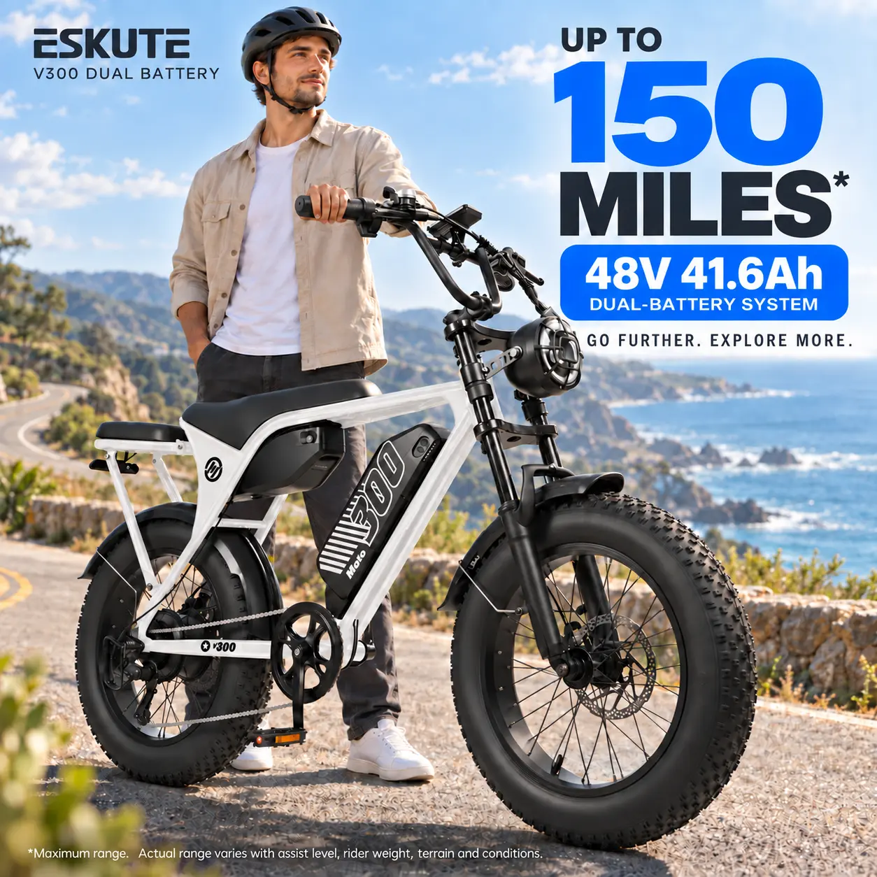 ESKUTE V300 Dual Battery Electric Bike for Adults, 48V 41.6Ah, 1500W Peak Motor, 20" x 4" Fat Tires, 7-Speed, NFC Unlock ebike