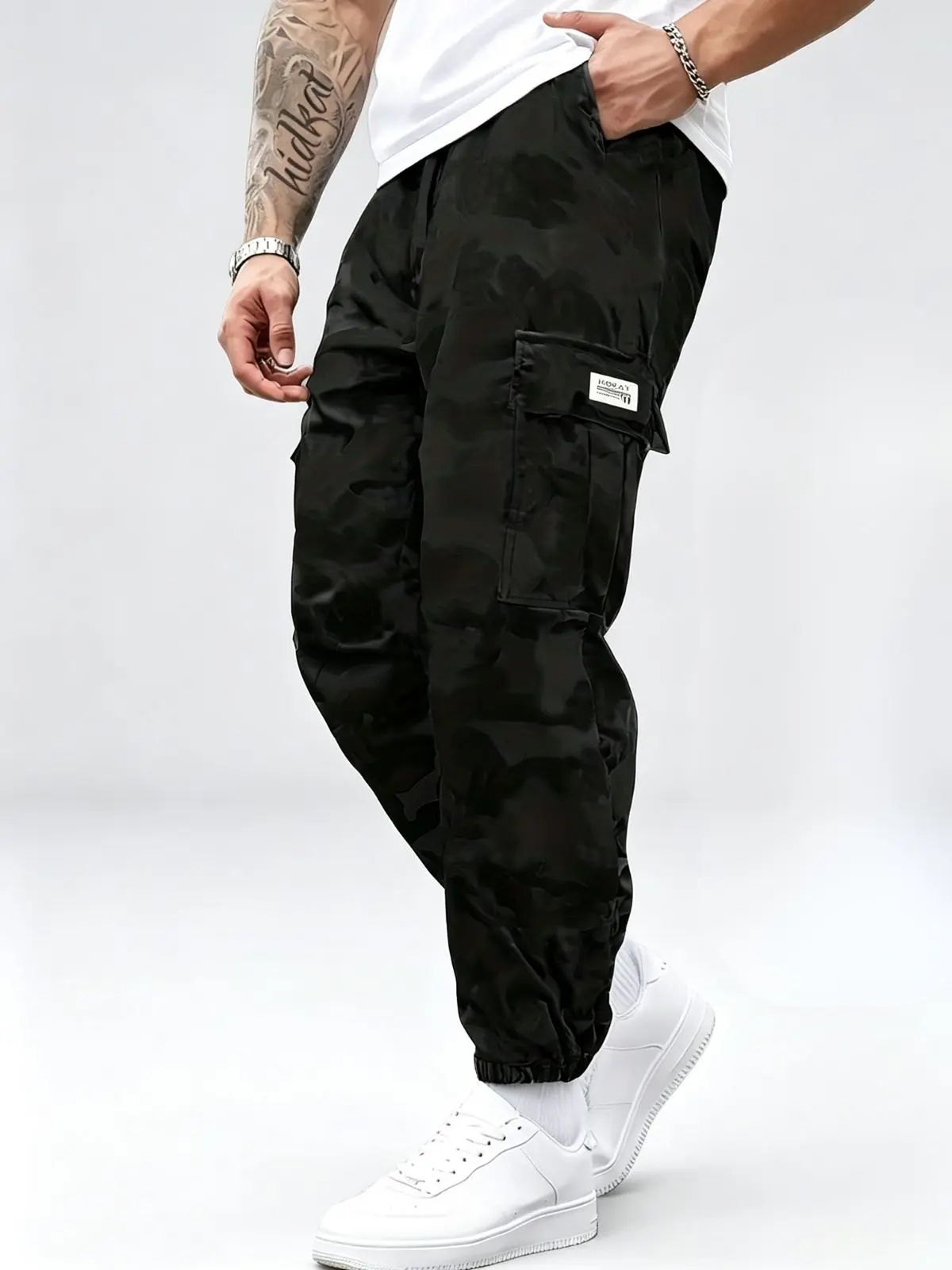 Men's Camouflage Colorblock Cargo Joggers, Loose-Fitting Breathable Polyester Sweatpants with Utility Pockets, Elastic Waistband & Drawstring, Casual, Machine Washable, Hiking, Lounge