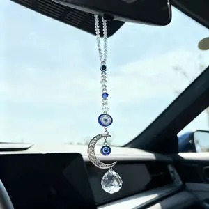 Blue Devil Eye Car Hanging Decoration, Enamel Stone Moon Crystal Pendant, Car Interior Accessories, Rearview Mirror Charm, Car Ornament, Car Accessory