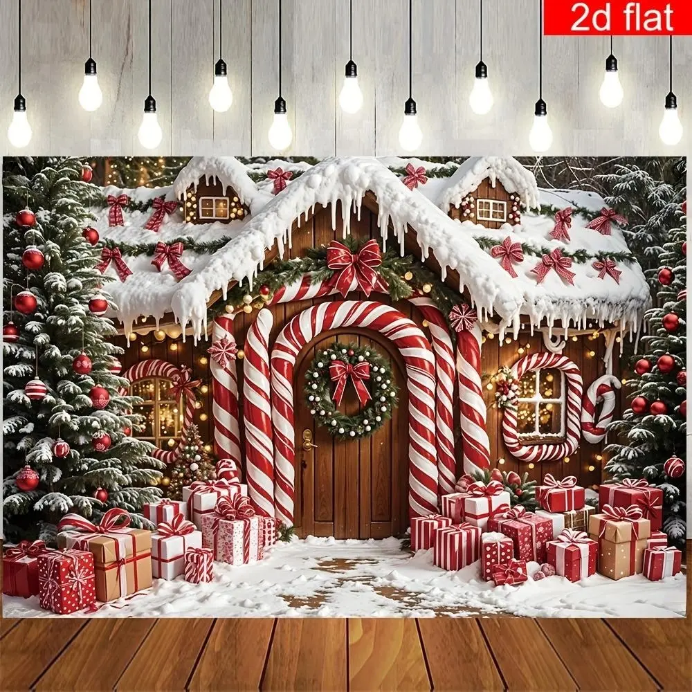 Christmas Cottage & Candy Cane Polyester Backdrop Banner, Durable Vivid No-Electricity-Needed Photo Backdrops, for Christmas Home Wall Decor, Standing Banner