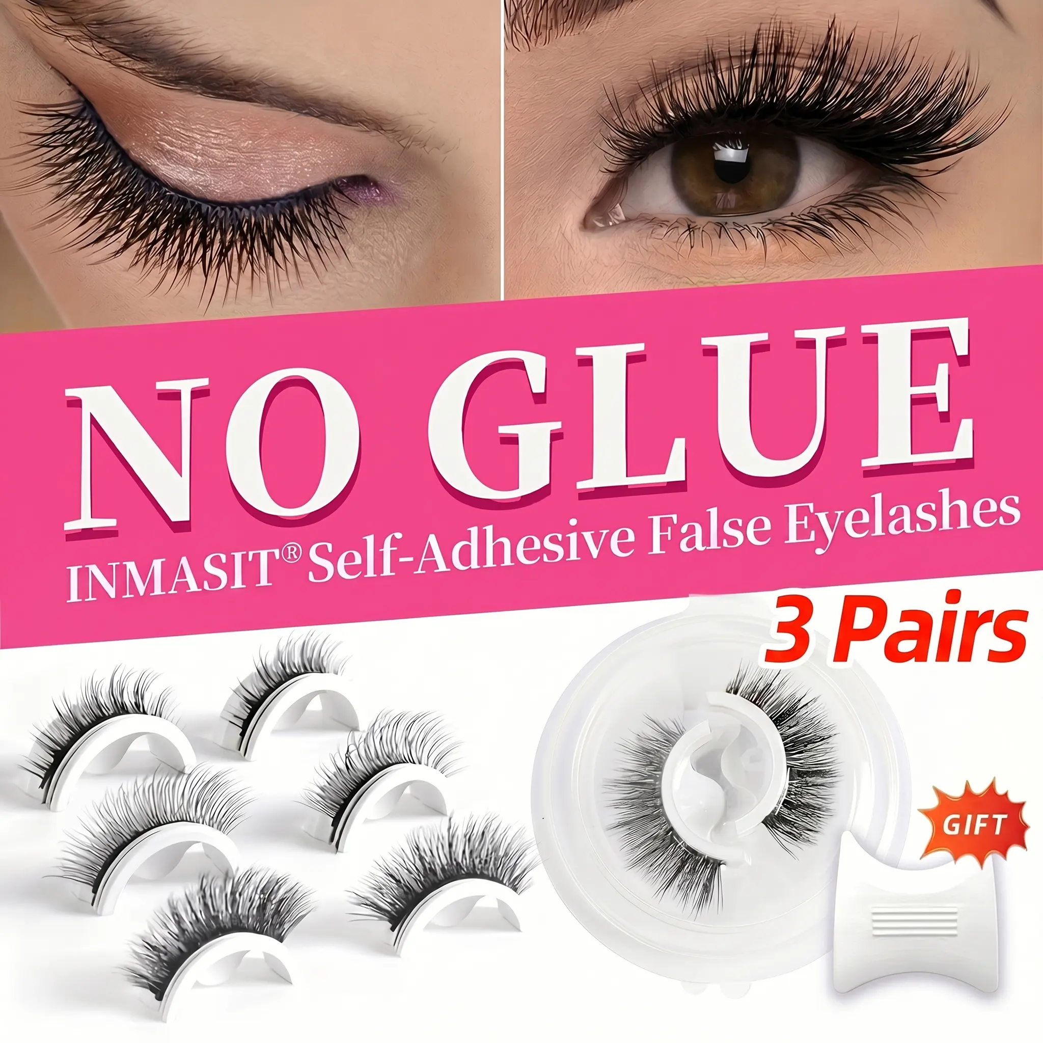 babygurl lash 3/6 Pairs Self-Adhesive False Eyelash Set, No Glue Required Naturally Thick Curled Reusable 3D Mink-Like Lashes, Compact Lightweight Cosmetic for Daily Wear & Parties Makeup