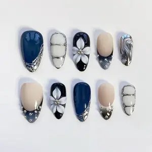 Navy Blue Nails/3D blooming flower press on nails long almond nails/Elegant nails/3D Silver Chrome Nails/Blue Cat Eye Nails/Custom nails