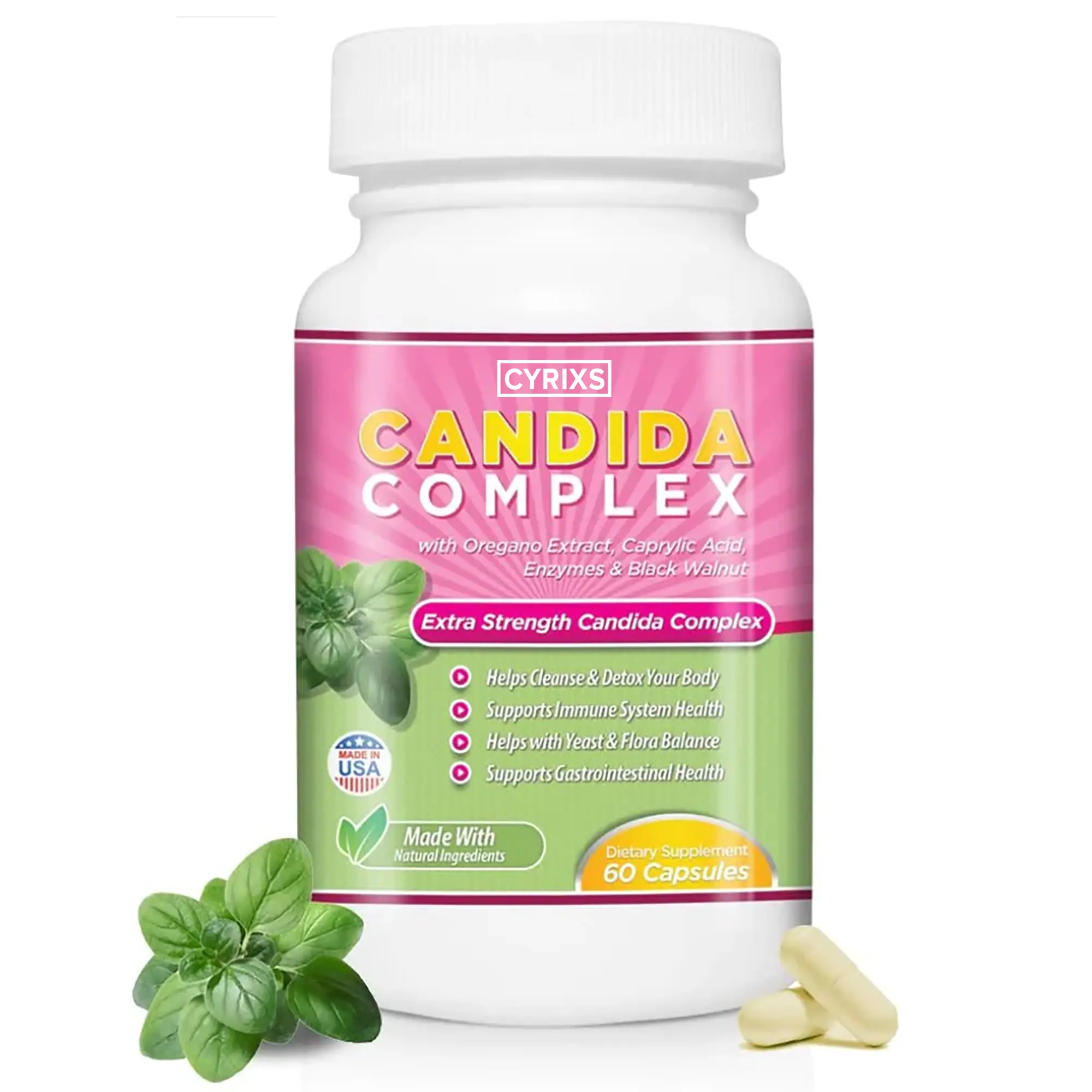 Cyrixs Candida Complex | Enhance Your Immune Health | Natural Herbal Gut Cleanse with Antifungals, Enzymes, and Probiotics | Removes Candida | Prevents Future Occurrences Dietary Supplement