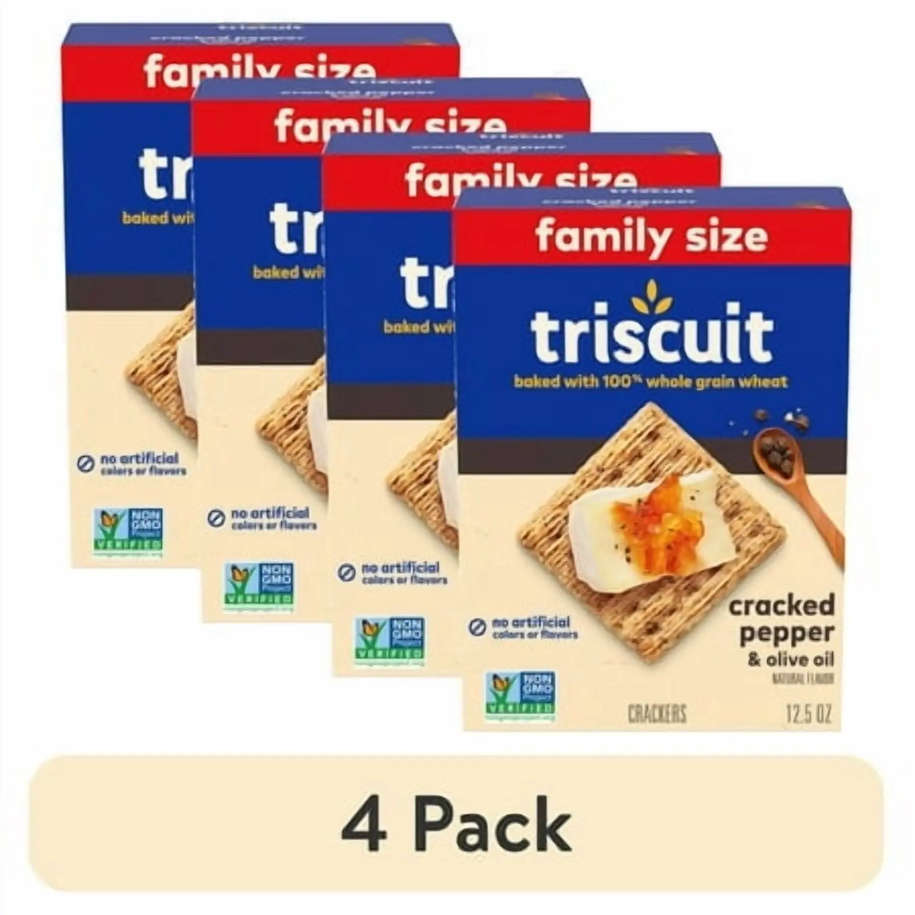 (4 pack) Triscuit Cracked Pepper & Olive Oil Whole Grain Wheat Crackers, Snack Crackers, Family Size, 12.5 oz