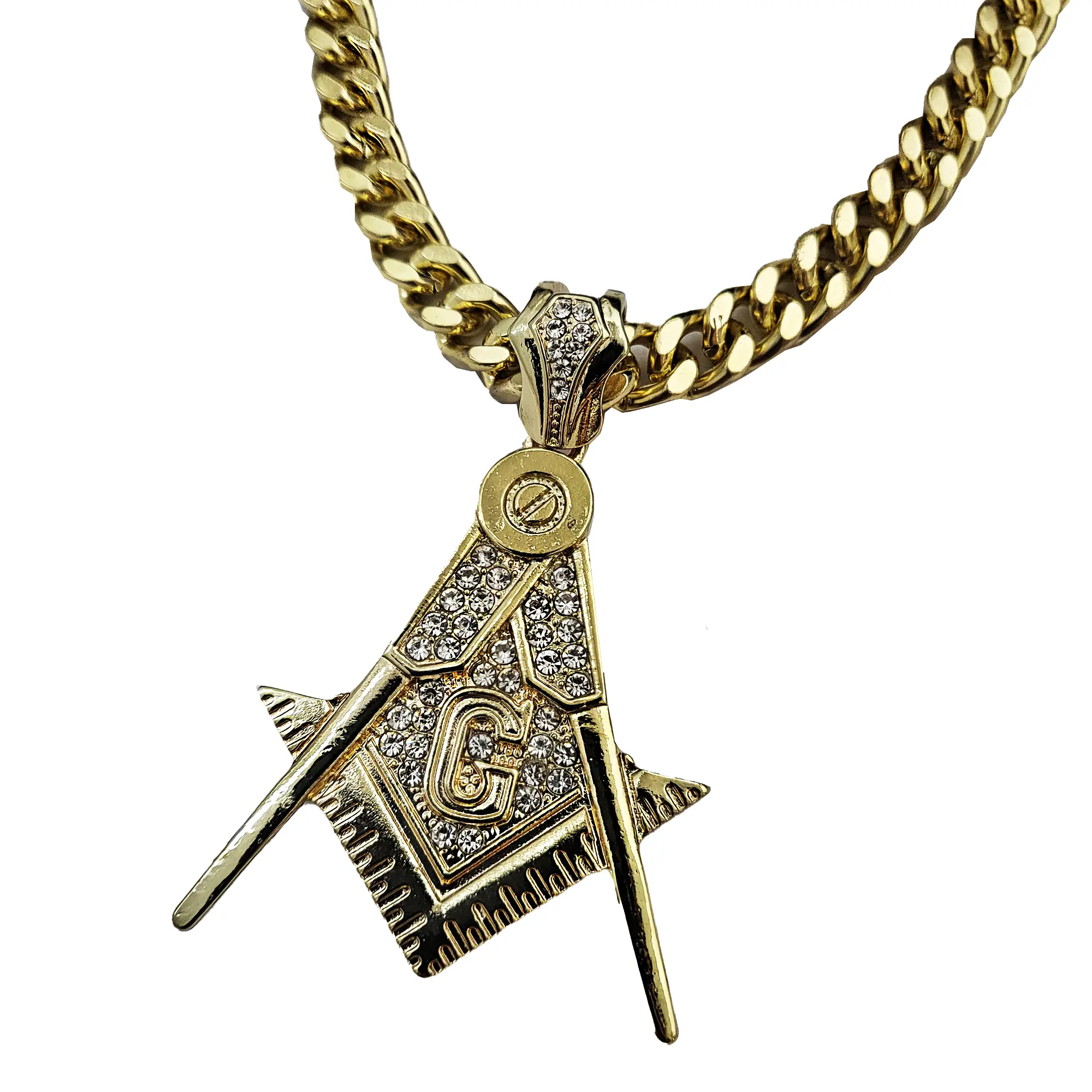 MaxBling81 High Quality Masonic Motif Large Pendant, Iced Cubic Zirconia 10mm, Multi-Size Cuban Chain Necklace, 14k Gold-Silver Plated, 18"-20"-24"-30" Lengths, Celebrity Look