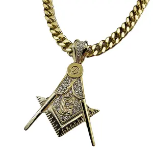 Hip Hop Large Masonic Pendant Iced Cubic Zirconia 10mm 18" 20" 24" 30" Cuban Chain 14k Gold Silver Plated Necklace
