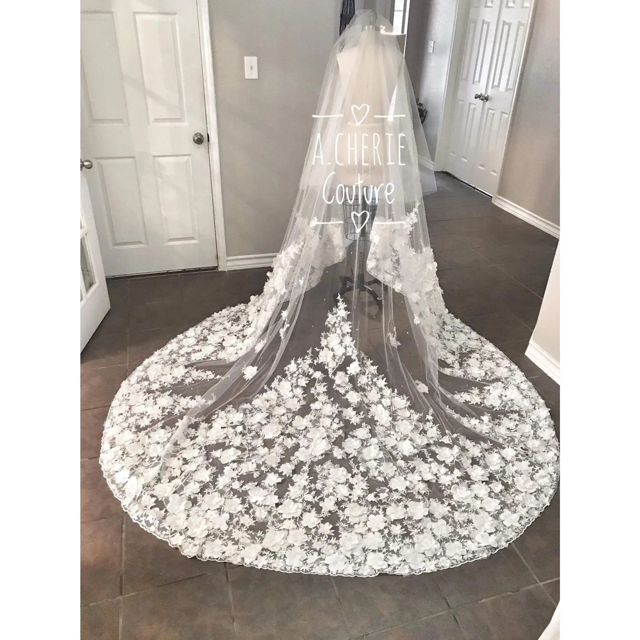 Bridal Lace Drop Veil - Style CV29 Made-to-Order Wide Drop Trailing Tulle Veil with Wide Pearl Beaded 3D Floral Cathedral Lace Elegant Accessory, Trailing Veil