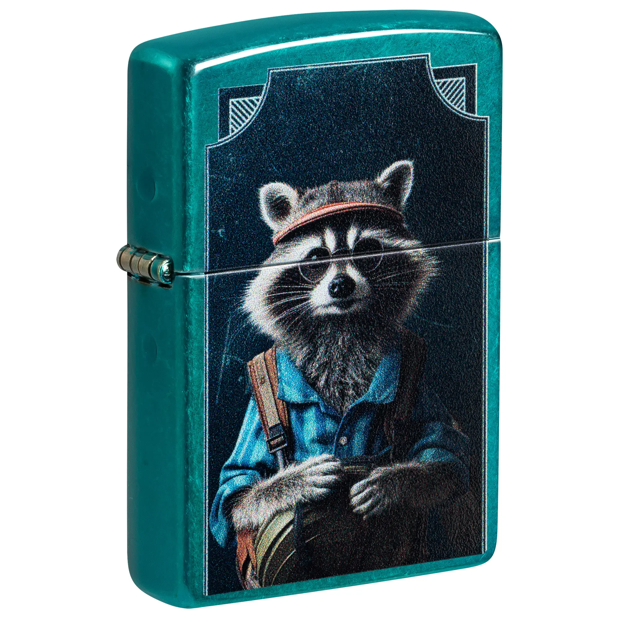 Zippo Refined Raccoon Design Translucent Candy Teal Pocket Lighter - Made in USA