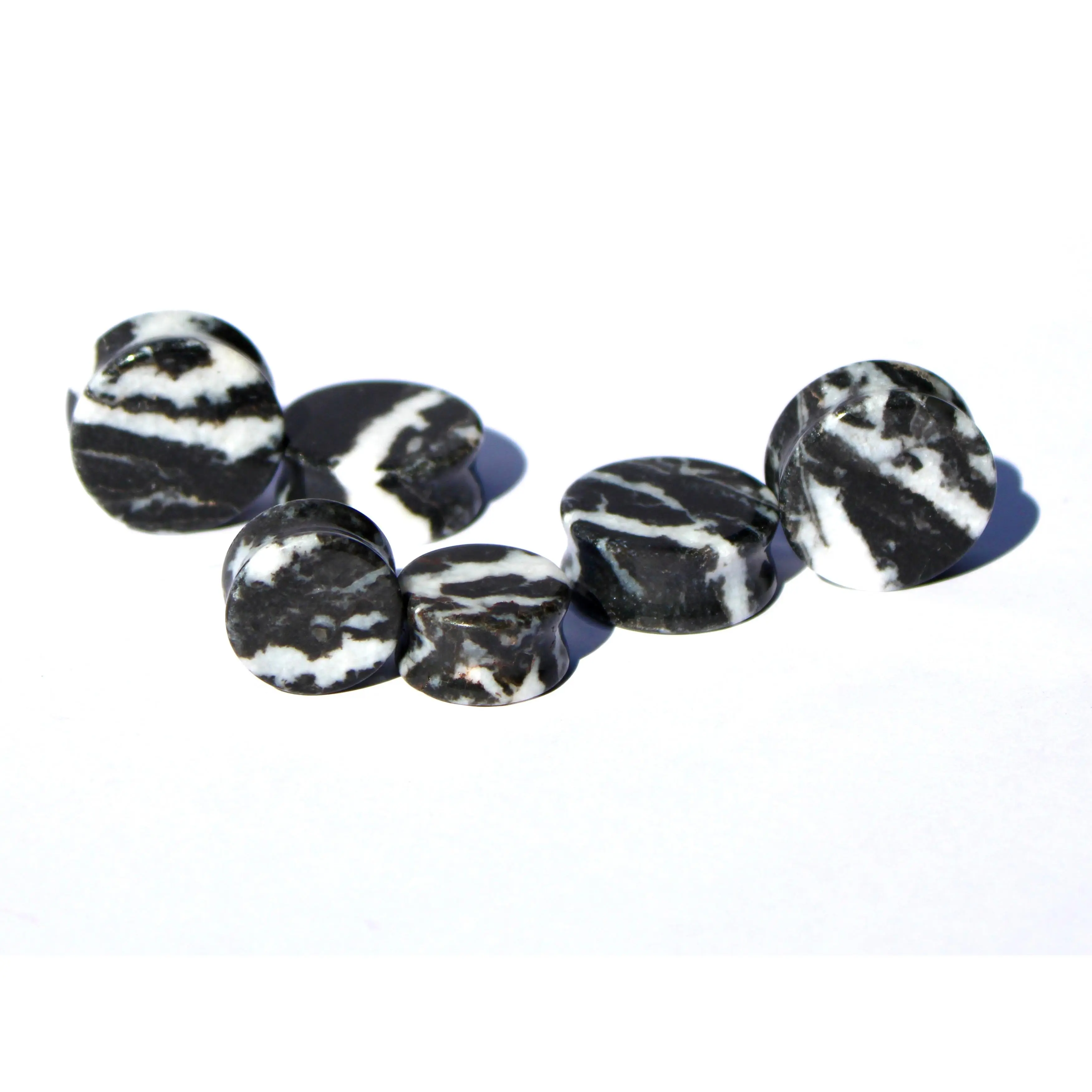 Genuine Zebra Stone Double Flare Plugs Pair, 4mm-25mm (Half Sizes Available) - Polished, Bold Black and White Striped Patterns, Natural Stone Variation, Balance, Grounding, Encourages Optimism and Motivation, Authentic Material Jewelry Accessory
