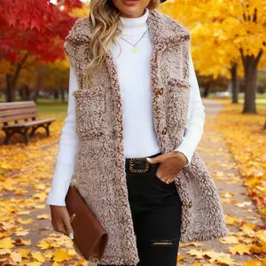 Women's Faded Bubble Velvet Vest - Long Loose Lapel Sleeveless Casual Autumn Winter