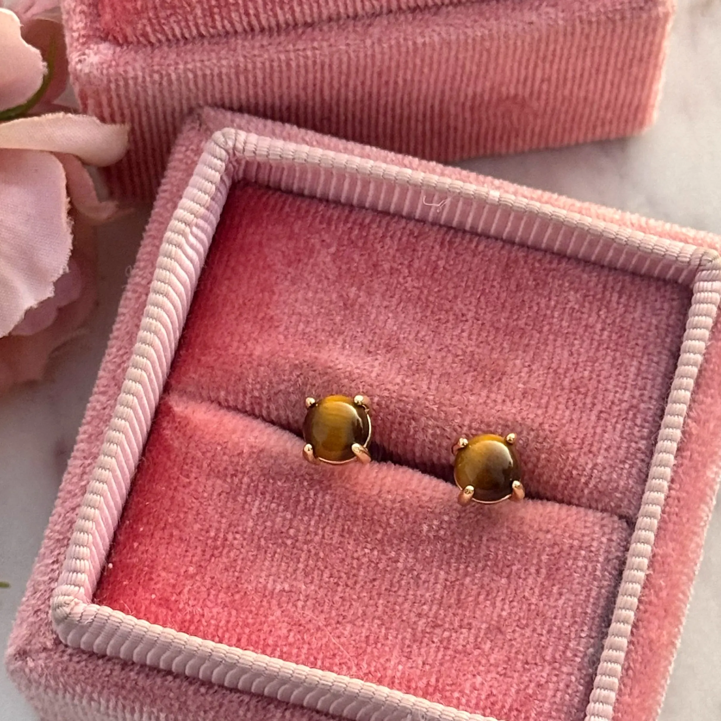 Gold Plated Natural Tiger's Eye Stone Stud Earrings - Dainty Mini Witchcraft Jewelry, Boho Ear Stacking Pieces, Inspirational Energy Protection Accessories for All Seasons, Boho Jewelry