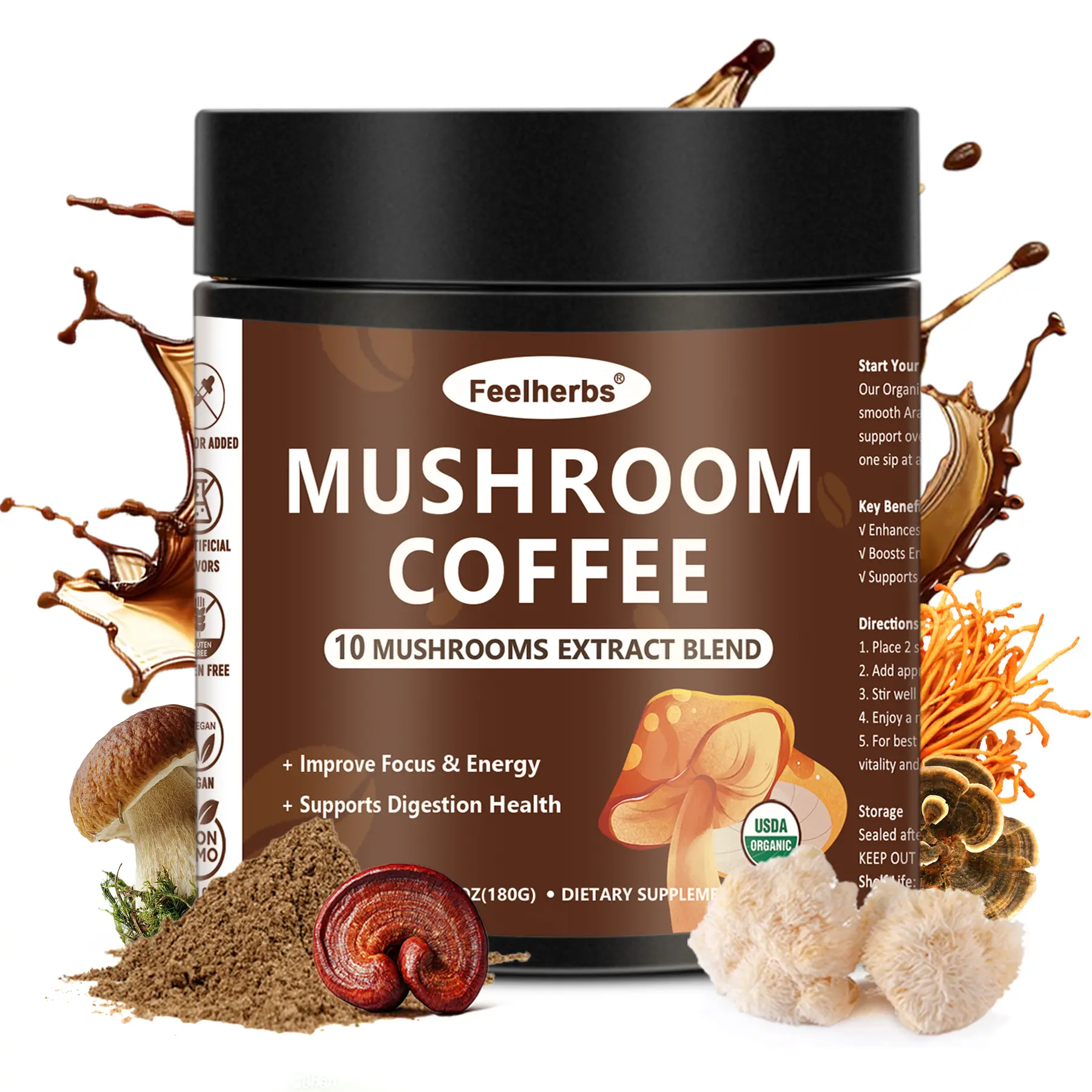 Coffee with Mushrooms - 10-Blend, Organic Instant Coffee, Coconut Powder, Natural Energy & Focus Support, Smooth Taste, 30 Servings
