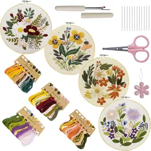 4 Pack Floral Pattern Plant Embroidery Set for Beginners,Includes 2 Bamboo Embroidery Hoops,Instructions and Tools for DIY Arts and Crafts Cross Stitch Kit,Christmas Party Gifts,Hand Tools Kits