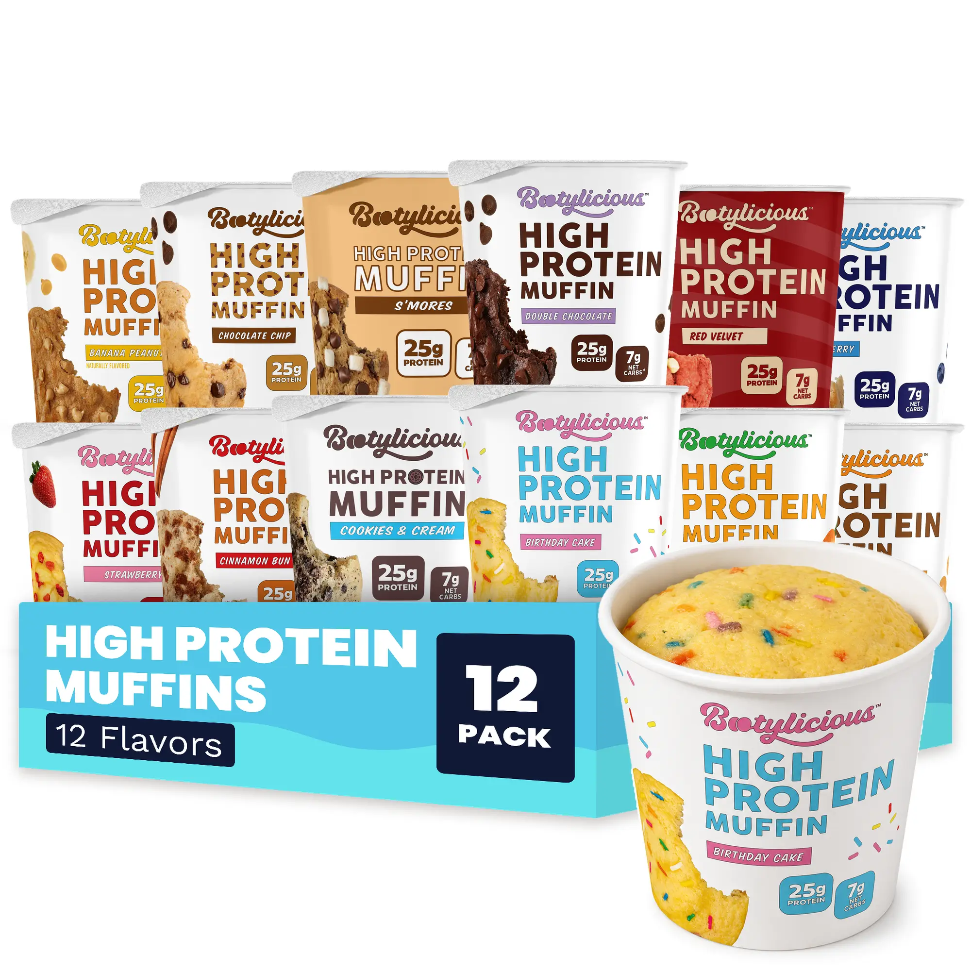 Bootylicious High Protein Muffins, Variety 12 Pack, 25g Protein, 7g Net Carbs Baking, High Protein Snack, Protein Treats