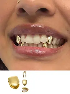 4-Piece Fashion Jewelry Braces Set, Shiny Copper Simple Cool Braces, Unisex Gift, Street Style, All Seasons, Plain Pattern, Grillz, Tooth Gem, Teeth Kit