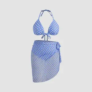 Cider V-neck Polka Dot Halter Full Coverage Bikini Set With Sarong Curve & Plus SwimWeek