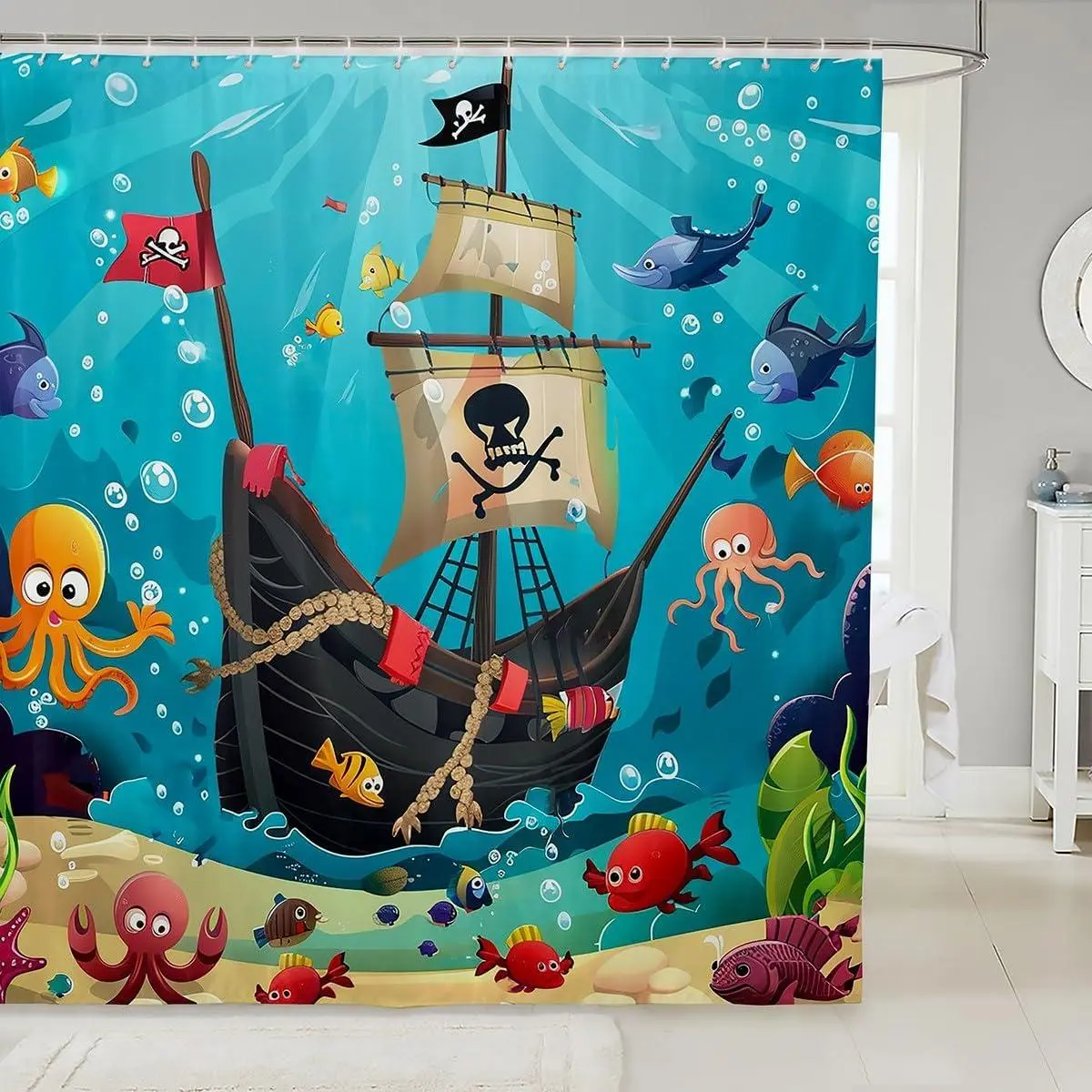 Feelyou Cartoon Pirate Ship Shower Curtain - Waterproof Machine Washable Fabric, Marine Adventure Character-Themed Bathroom Decor with Tropical Fish, Cute Octopus, Jellyfish, Cartoon Print Pattern Printed Design Curtains for Bathtubs, Cartoon Print Curtai