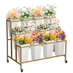 3-Tier Flower Display Stand with 12 Square Buckets – Heavy Duty Moving Flower Cart for Indoor Outdoor, Portable Florist Bouquet Rack for Wedding Patio Garden Living Room