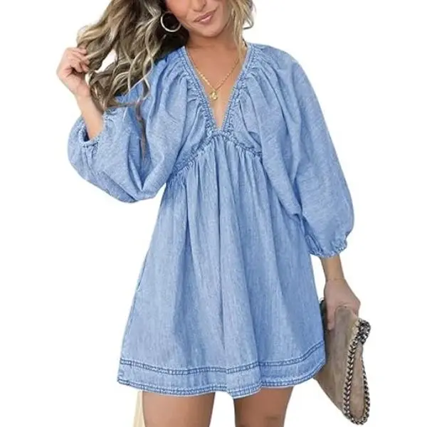 UTCOCO Women's Basic V-Neck Solid Denim Casual Mini Dress - Soft Cotton Garment, 3/4 Puff Sleeves, Breathable Stretchy Ruffle Flowy A-Line Loose Fit Jean Babydoll, Ruffled Skirt, Outdoor Stylish Comfortable Womenswear, Lady, Casual Wear, 3/4 Sleeve, Ruffl