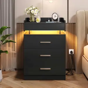 Sikaic Modern Large Nightstand Bedside Table Cabinet with Drawer Storage Charging Station and LED Lights Wood Bedside Table Bedroom Furniture