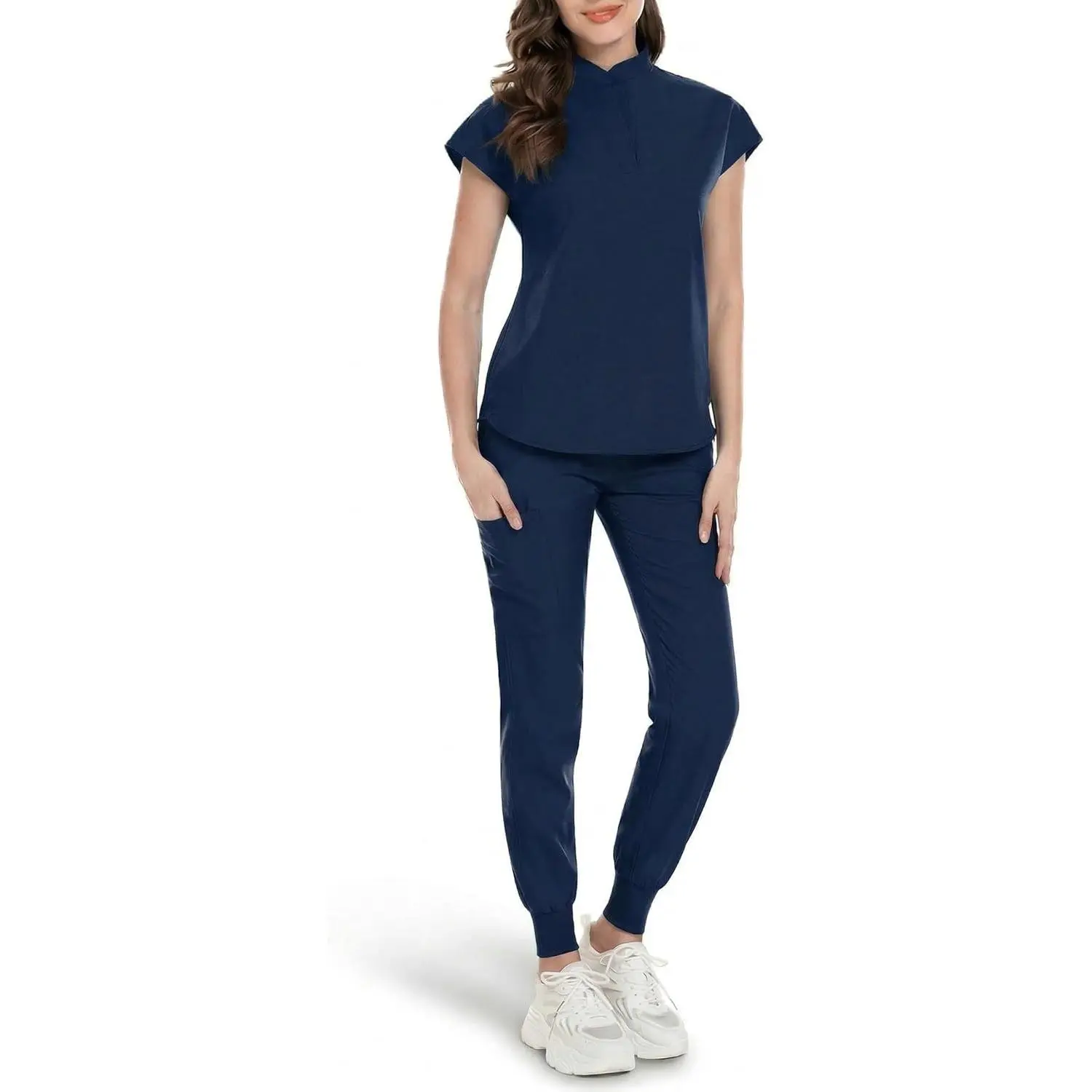 Women's Medical Scrub Set – Mandarin Collar Top & Jogger Pants, Stretchy Breathable Nursing Uniform with Pockets, Comfortable Healthcare Workwear