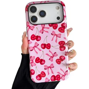 Glossy Pink Cherry Bow Smartphone Case - Shockproof Slim Cover with Soft TPU & Hard Polycarbonate Protection, Fits iPhone 17 Pro Max, Women's Smartphone, Cellphone & Devices Accessory