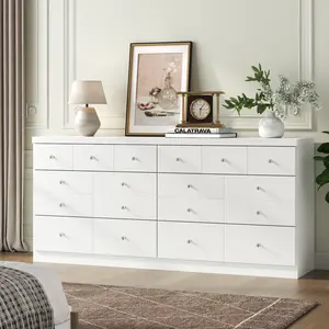 63'' Long Dresser for Bedroom, Large 6 Drawer Dresser with 14 Organized Compartments & Glass Handles, Modern Storage Chest of Drawers with Anti-Tip Kits (White)