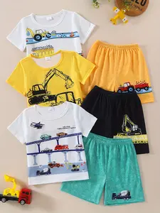 Boys' Cartoon Digger Print Short Sleeve Tee & Shorts Set Outfit, Summer Outdoor Casual Thin Clothing, Fashionable Korean Style Kids Apparel