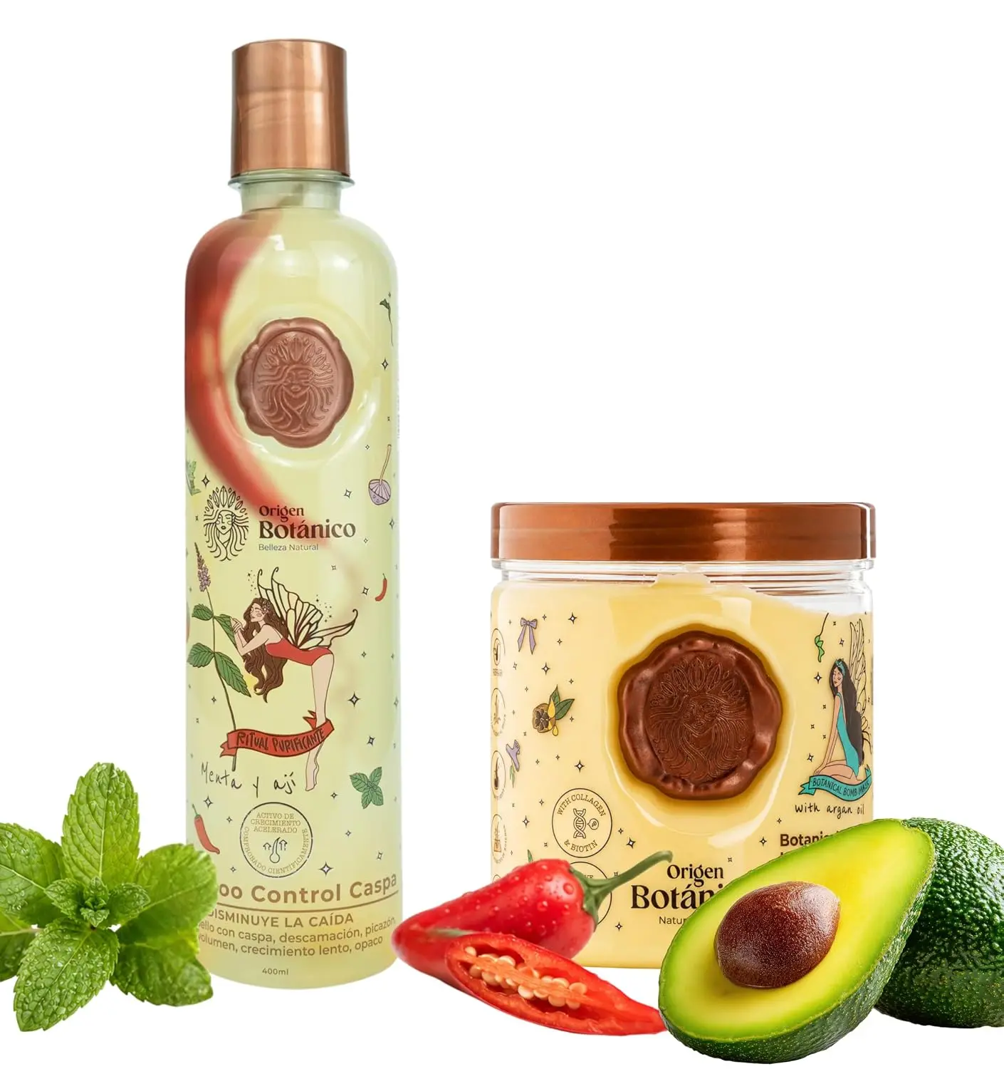 Origen Botánico 2-Piece Hair Care Set – Mint & Chili Pepper Dandruff Control Shampoo + Collagen & Biotin S.O.S. Hair Mask for Dry, Damaged & Frizzy Hair, 400 mL Each