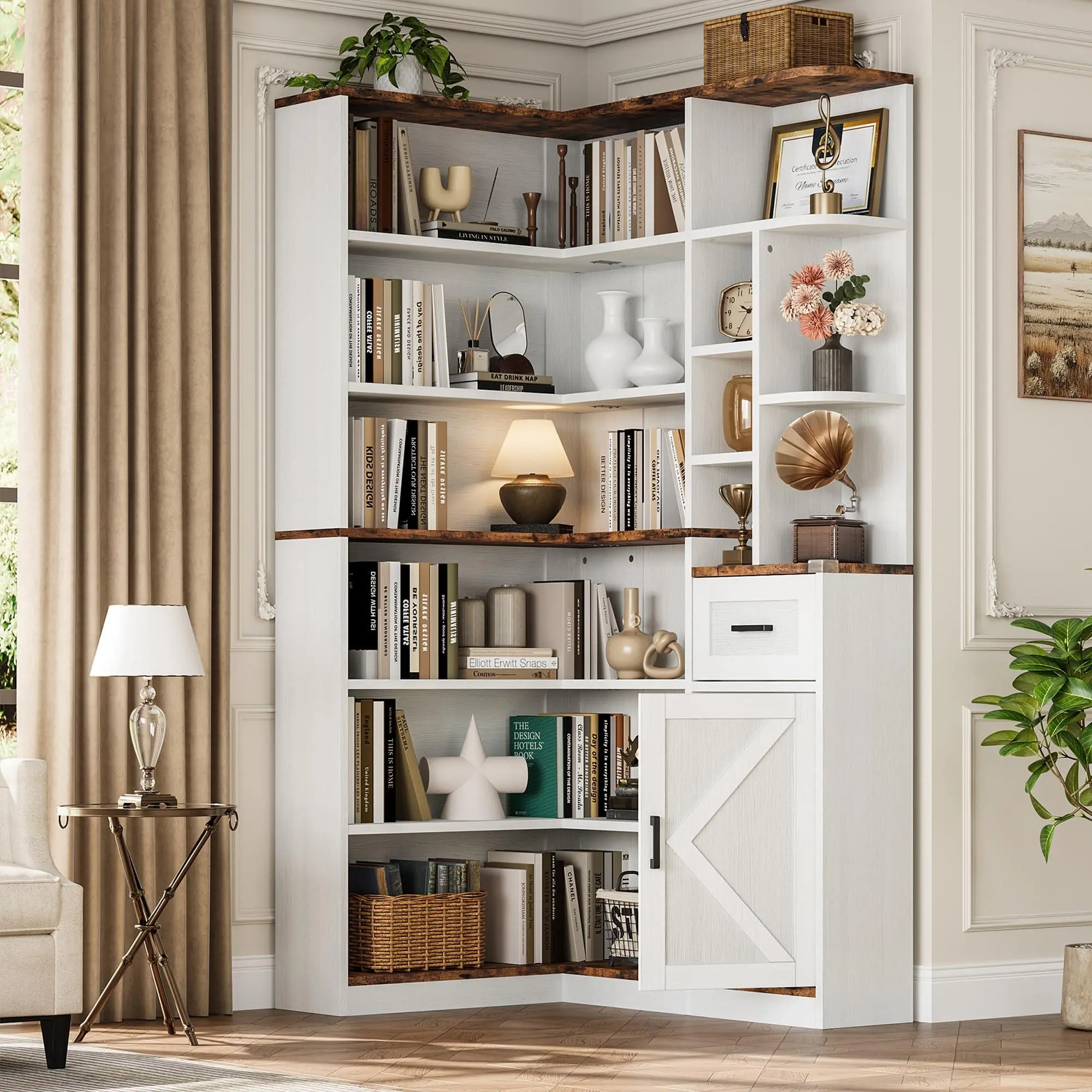 White+Brown 74'' Tall Corner Bookshelf - 6-Tier Book Shelf with Drawer and Cabinets,l-Shaped Bookcase Open Storage Shelves Modern Display Shelf for Home,Office