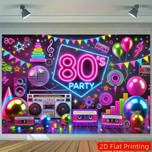 8x6 ft Retro 80s Party Polyester Banner, Colorful Photography Backdrop with Neon '80's P' Text, Ideal for Birthday Celebrations (Home & Festive Party Supplies)