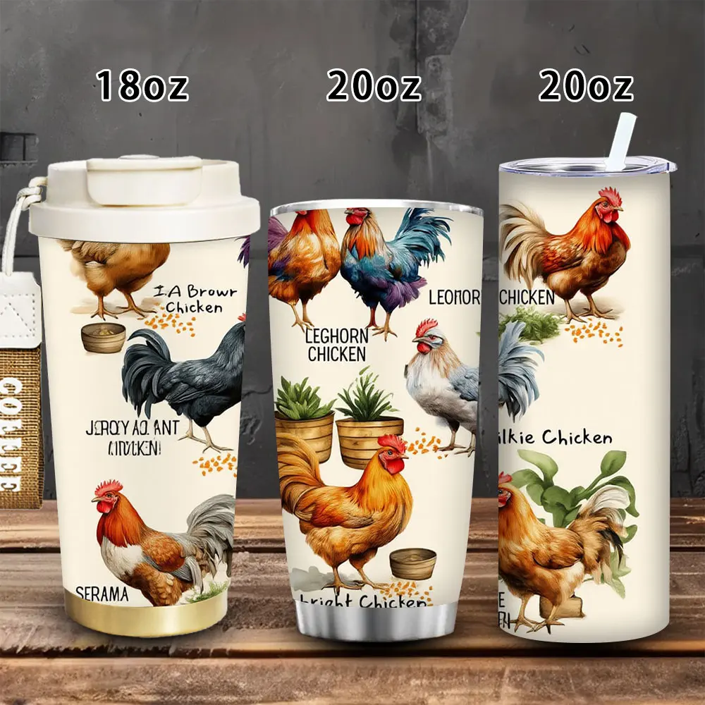 1pc Hand-Drawn Chicken Breeds Vacuum Flask Tumbler - 18oz/20oz, Insulated Travel Mug with Lid & Straw, Iced/Hot Coffee Cup, Ideal Gift for Women (Valentine’s Day, Birthday), Flasks, Portable