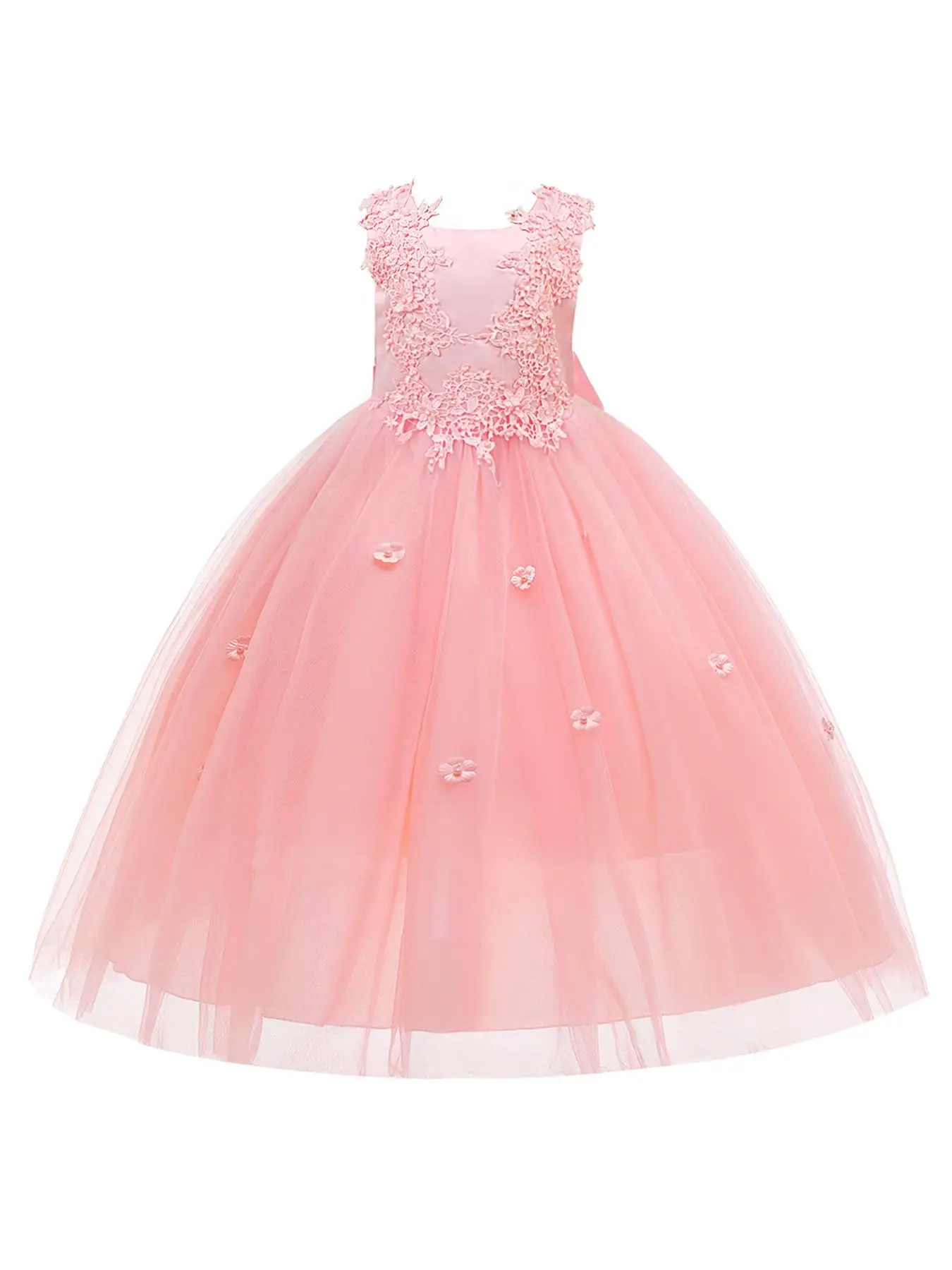 Girl's Floral Appliques Embroidery Faux Pearls Big Bow Decor Contrast Mesh Tulle Dress, Elegant Sleeveless Round Neck Zipper Back A Line Dress for Par