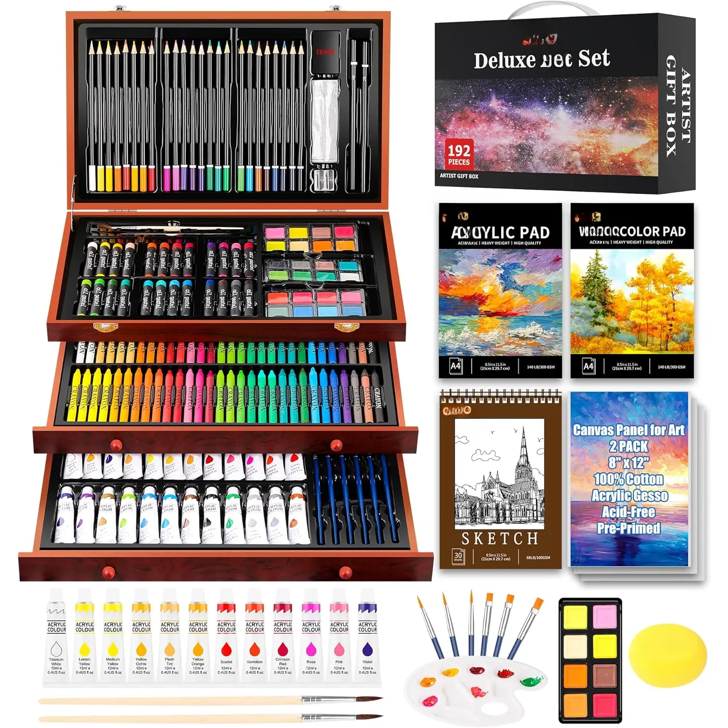 Art Supplies, 192-Pack Deluxe Art Set Drawing Painting Supplies Kit with  Pad, Watercolor Pad, Sketch Book, Canvases,  , Crayons, Pencils, Gifts for Artist Adults Teen