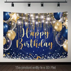 Navy Polyester Birthday Backdrop - 1pc 2D Flat Blue & Golden Design with Golden Print, Men's Cool Diamond Sparkle-Dot Balloon Details, Party Decoration Supplies for Photography Banner Photo Shoot