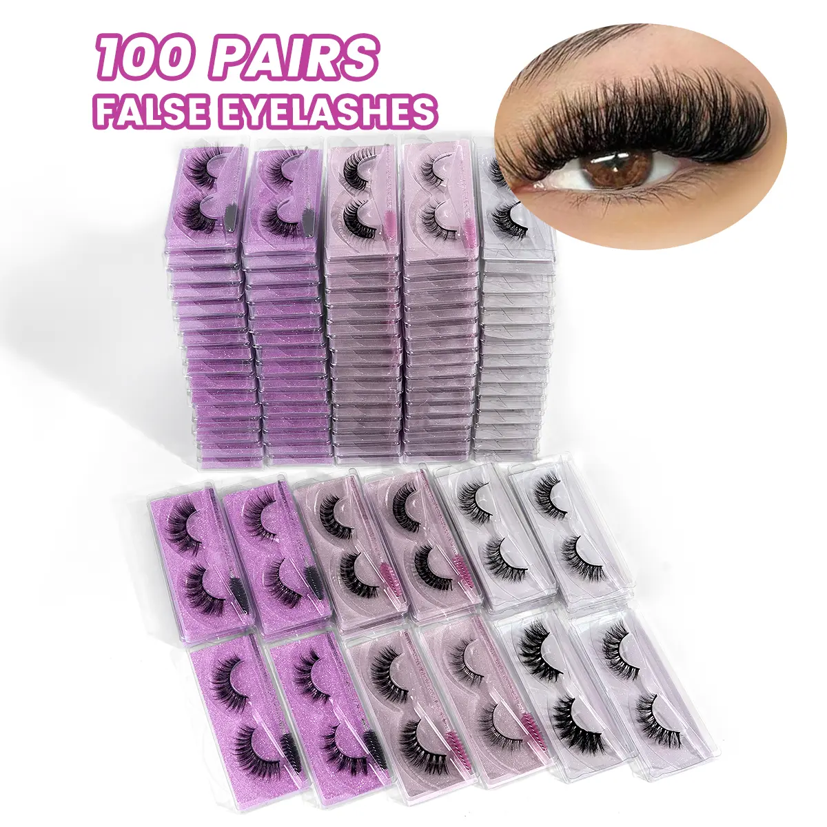 MAGEFY Fluffy False Eyelashes Cosmetic Kit with Tools - 100 Pairs, 12 Styles, Wispy Cat-Eye, Natural Curling Strip Lashes for Summer Makeup Styling (False Eyelashes & Adhesives), Lash Inspo