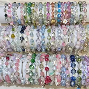 35pcs Mix Stylish and Elegant Women's Glass Bead Bracelet Set, Featuring Sparkling Cracked Beads Paired with Floral, Butterfly, Fishtail, Star, and Bowknot Pendants, Romantic for Casual Attire, Year-Round Accessory,summerwins